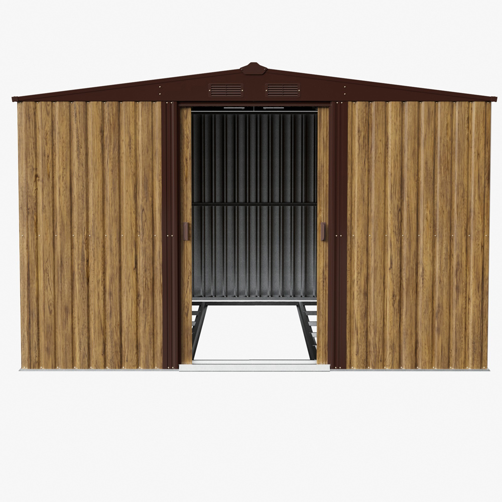 Living and Home 12 x 10ft Brown Wood Grain Metal Apex Garden Storage Shed with Foundation Image 4