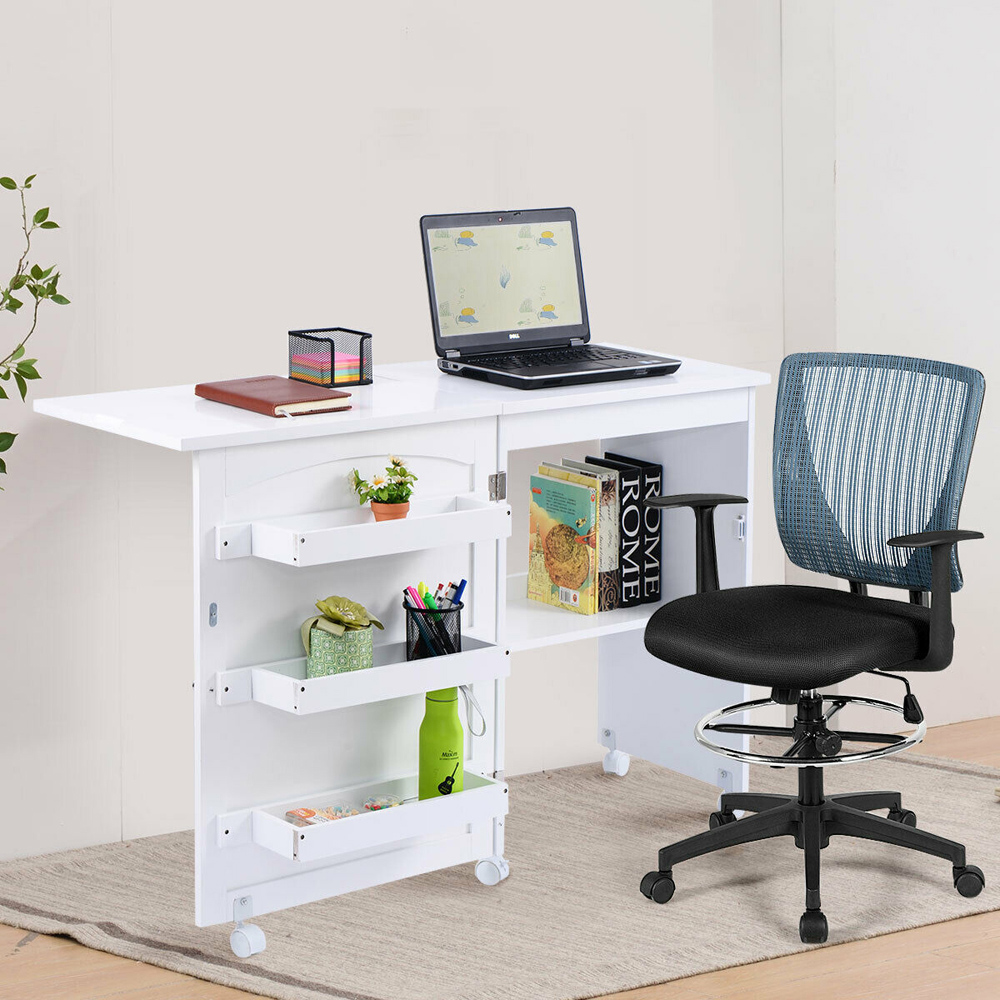 Costway White Folding Sewing Table with Storage Shelves Image 5