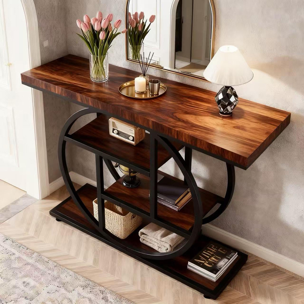 Alivio 3 Shelf Brown Rustic Wood Double Round Metal Frame Console Table Image 5