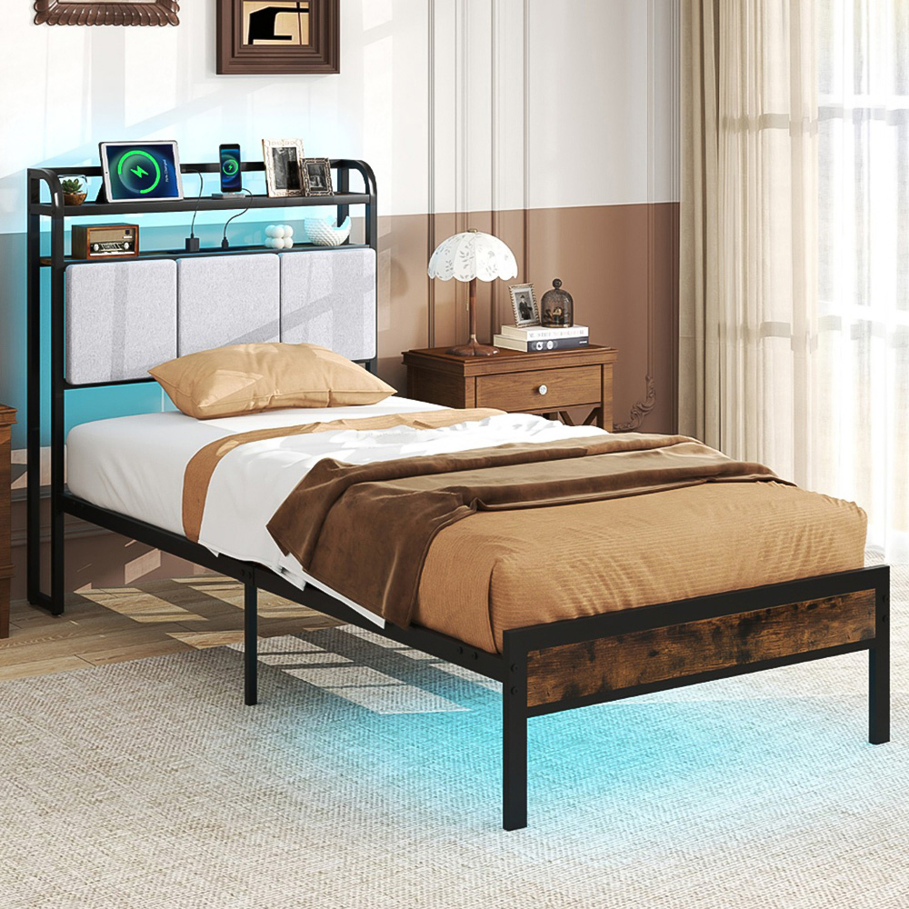 Costway Single Metal Bed Frame with LED and Charging Station Image 1