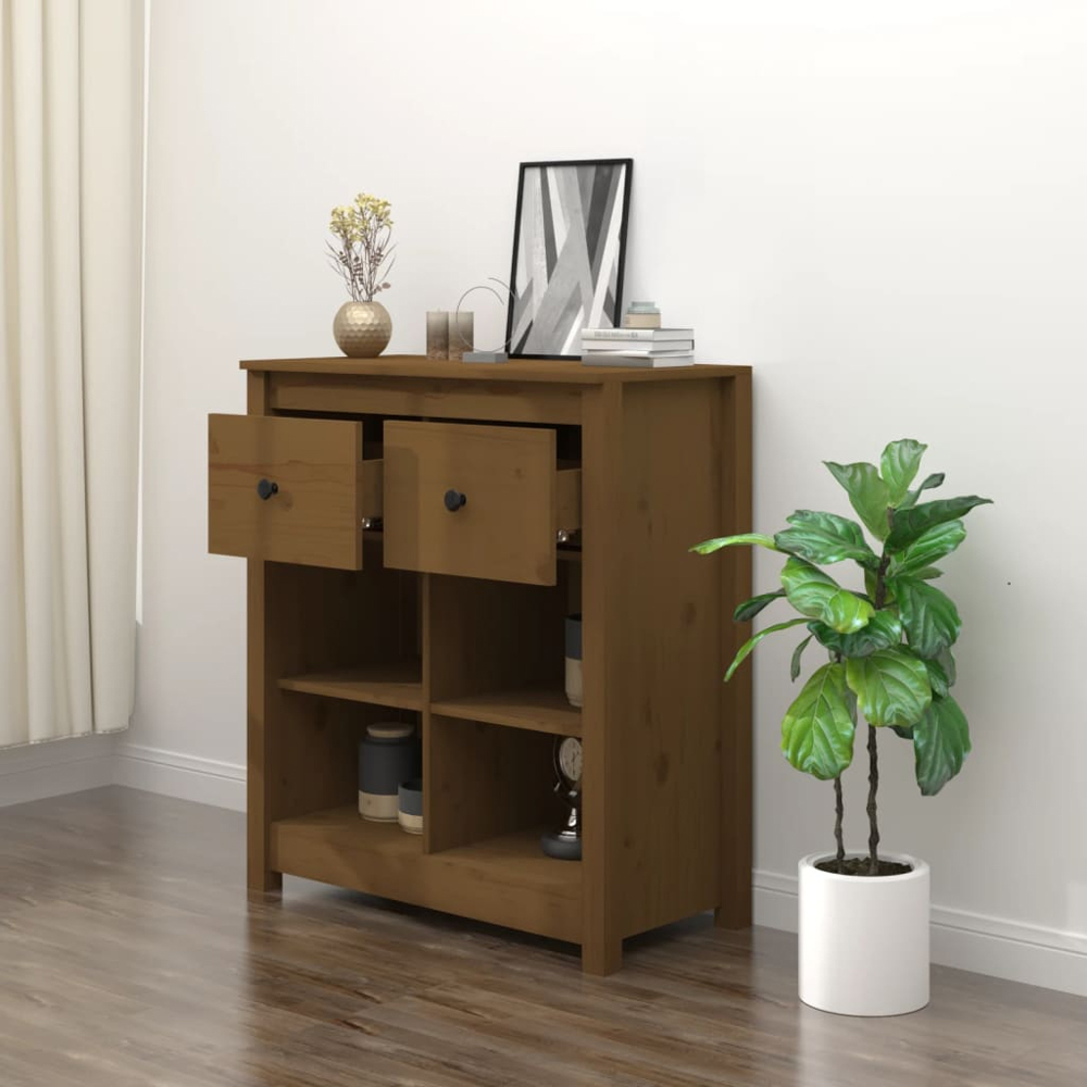 vidaXL 2 Drawer 4 Shelf Honey Brown Solid Pine Wood Sideboard Image 7