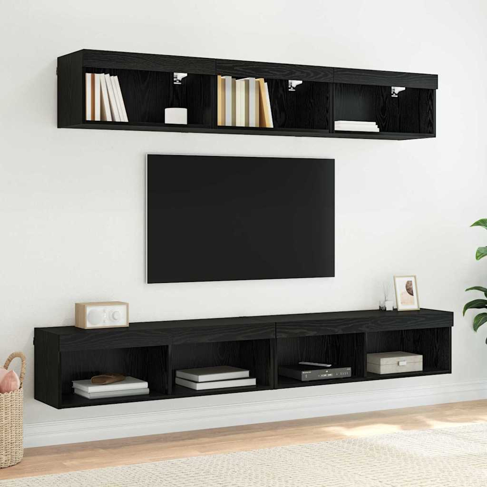 vidaXL 2 Shelf Black Oak TV Cabinet with LED Lights Set of 2 Image 6