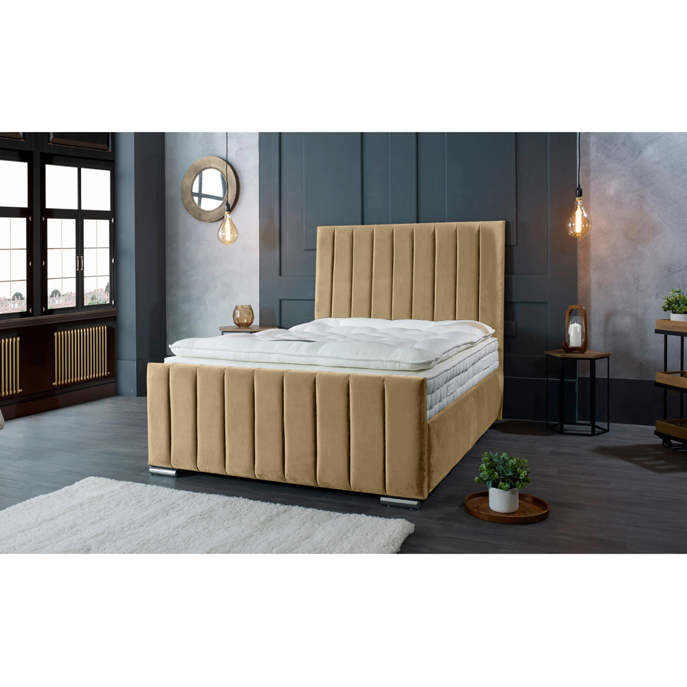 Eleganza Home Redding Double Beige Plush Velvet Bed Frame with Headboard Image 5