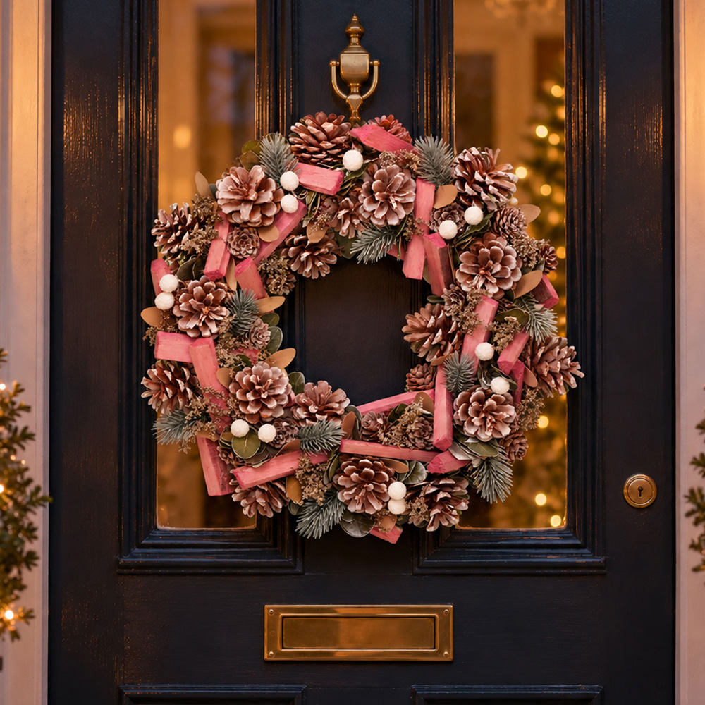 Neo White and Pink Artificial Frosted Christmas Wreath with Berries and Pine Cones 50cm Image 2