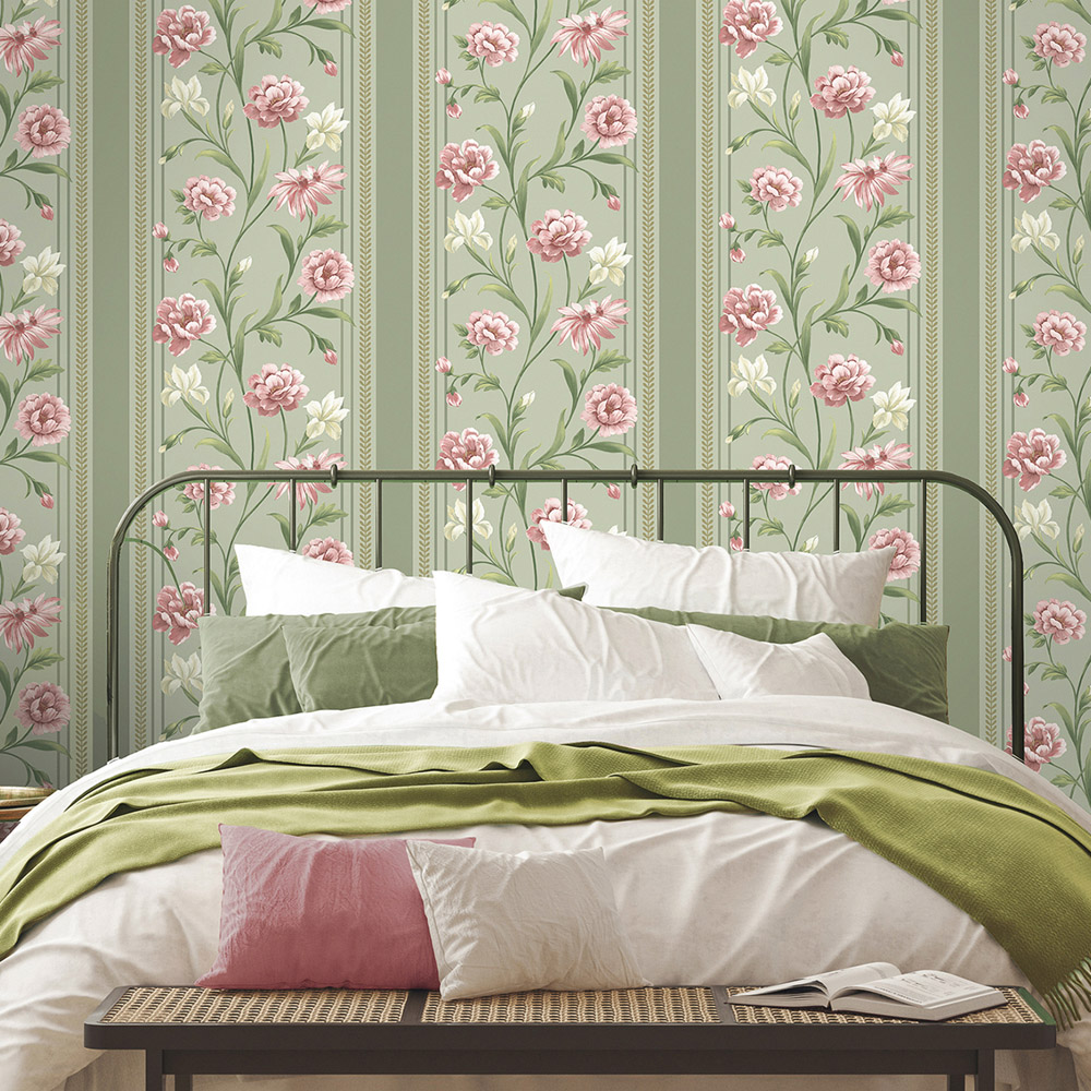 Belgravia Decor Raya Floral Stripe Sage and Pink Wallpaper Image 2