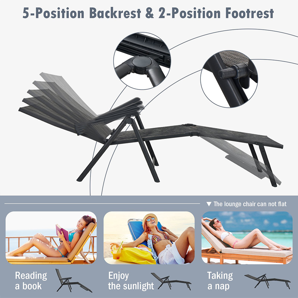 Costway Set of 2 Grey Adjustable Foldable Chaise Lounge Chair Image 4