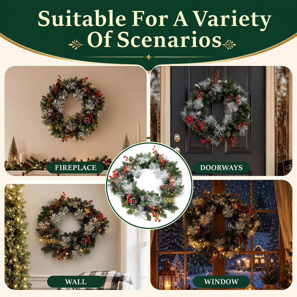 Abrihome 35 Warm White LED Artificial Cypress Christmas Wreath with 120 Tips and 10 Pinecones 50cm Image 7