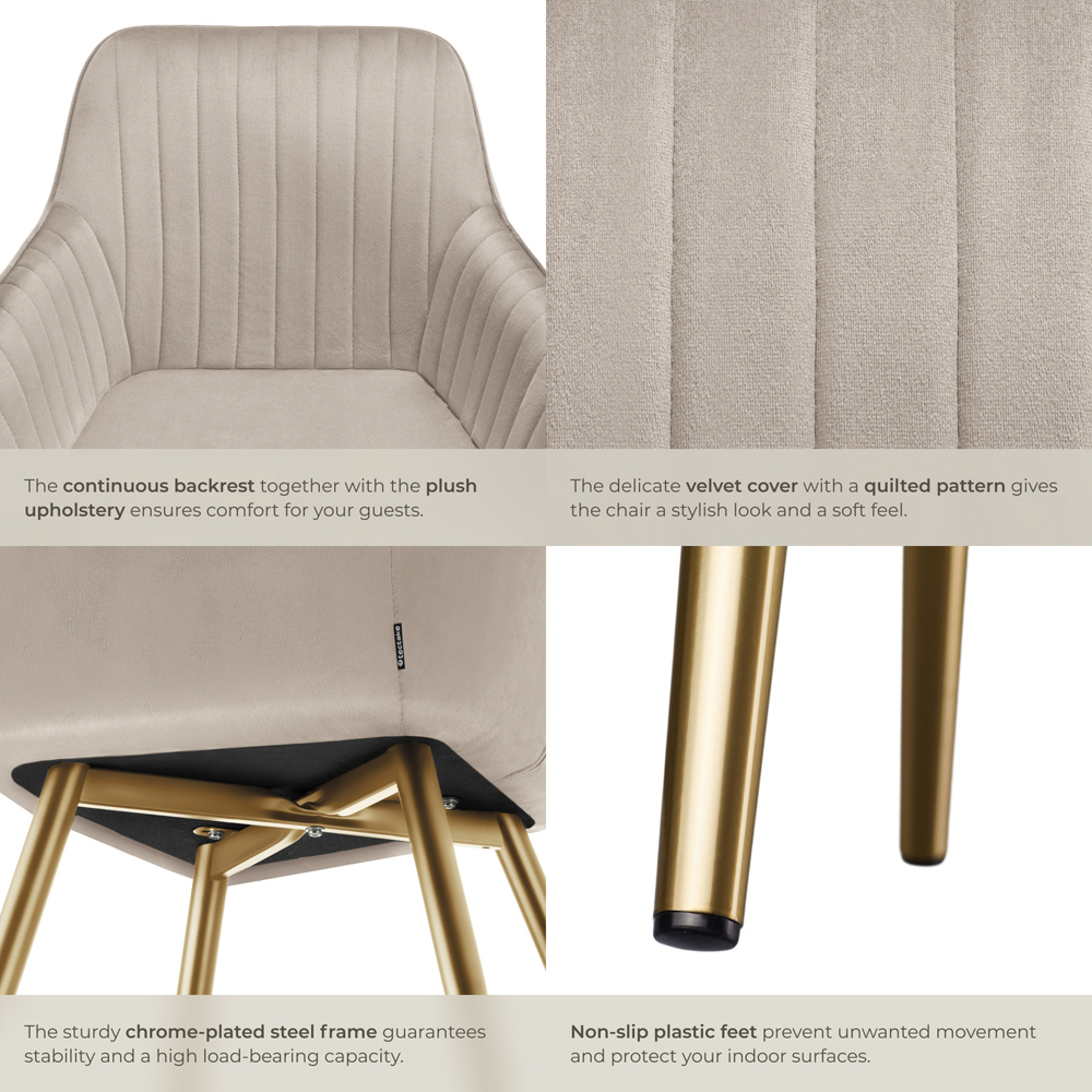 Tectake Marilyn Set of 6 Taupe and Gold Quilted Velvet Continuous Backrest Dining Chair Image 5
