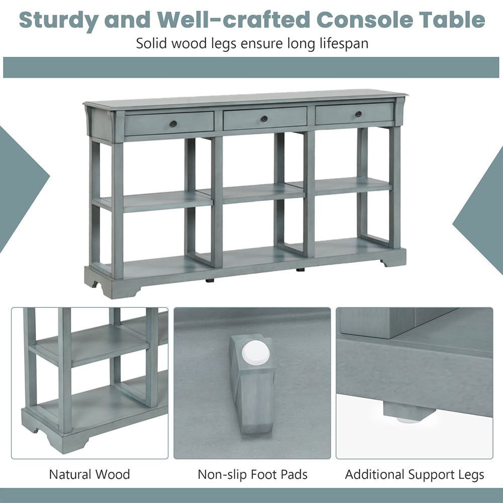 Costway 3 Drawer Open Shelf Blue Retro Console Table Image 7