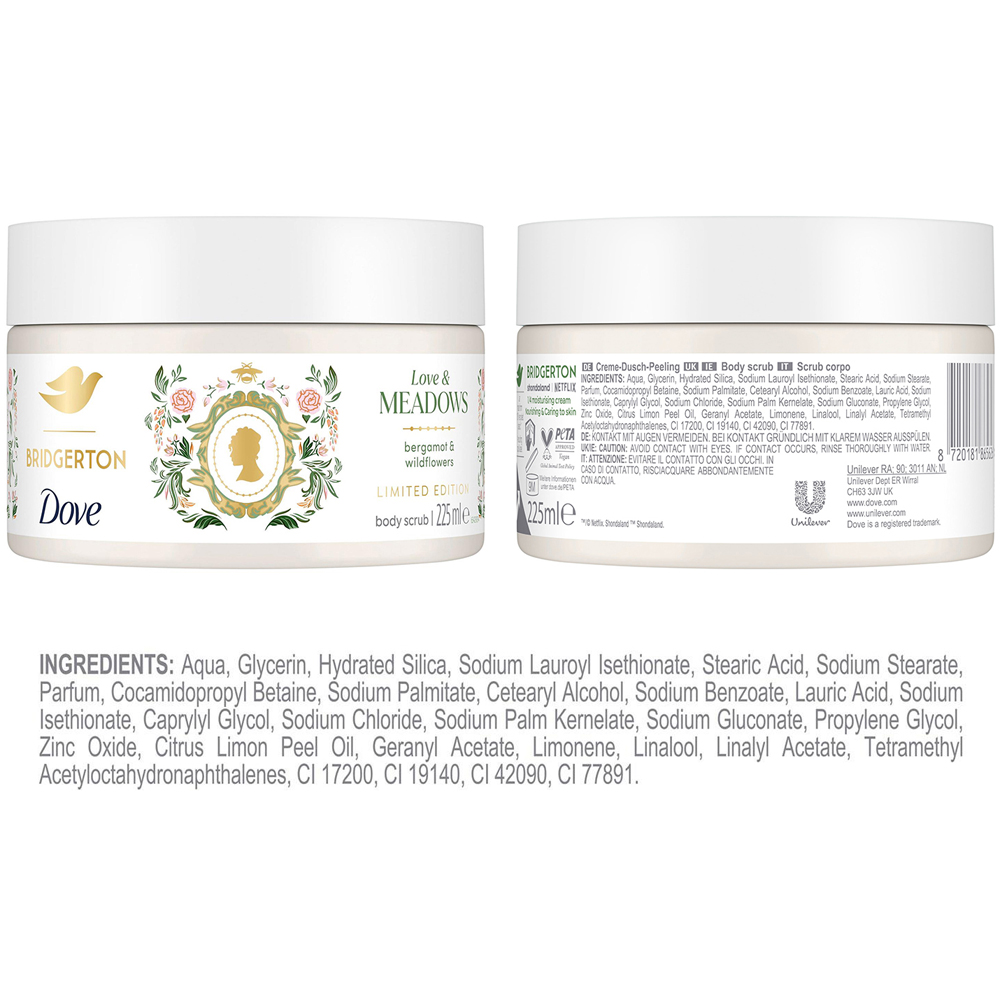 Dove Bridgerton Limited Edition Love and Meadows Exfoliator Body Scrub 225ml 4 Pack Image 9