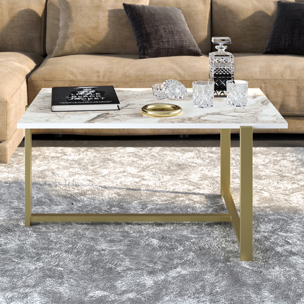 Decorotika Merideths White Marble Effect and Gold Metal Coffee Table Image 1