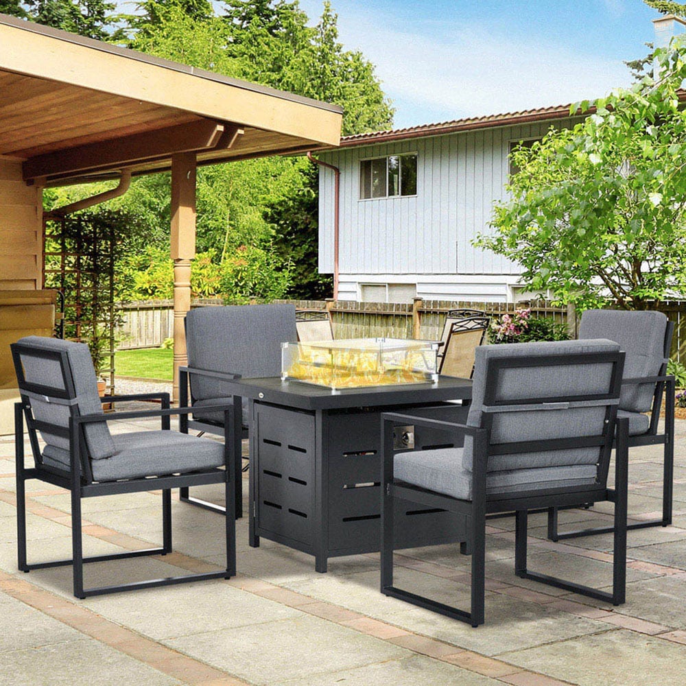 Outsunny 4 Seater Grey Aluminium Outdoor Dining Set with Gas Fire Pit Table Image 1