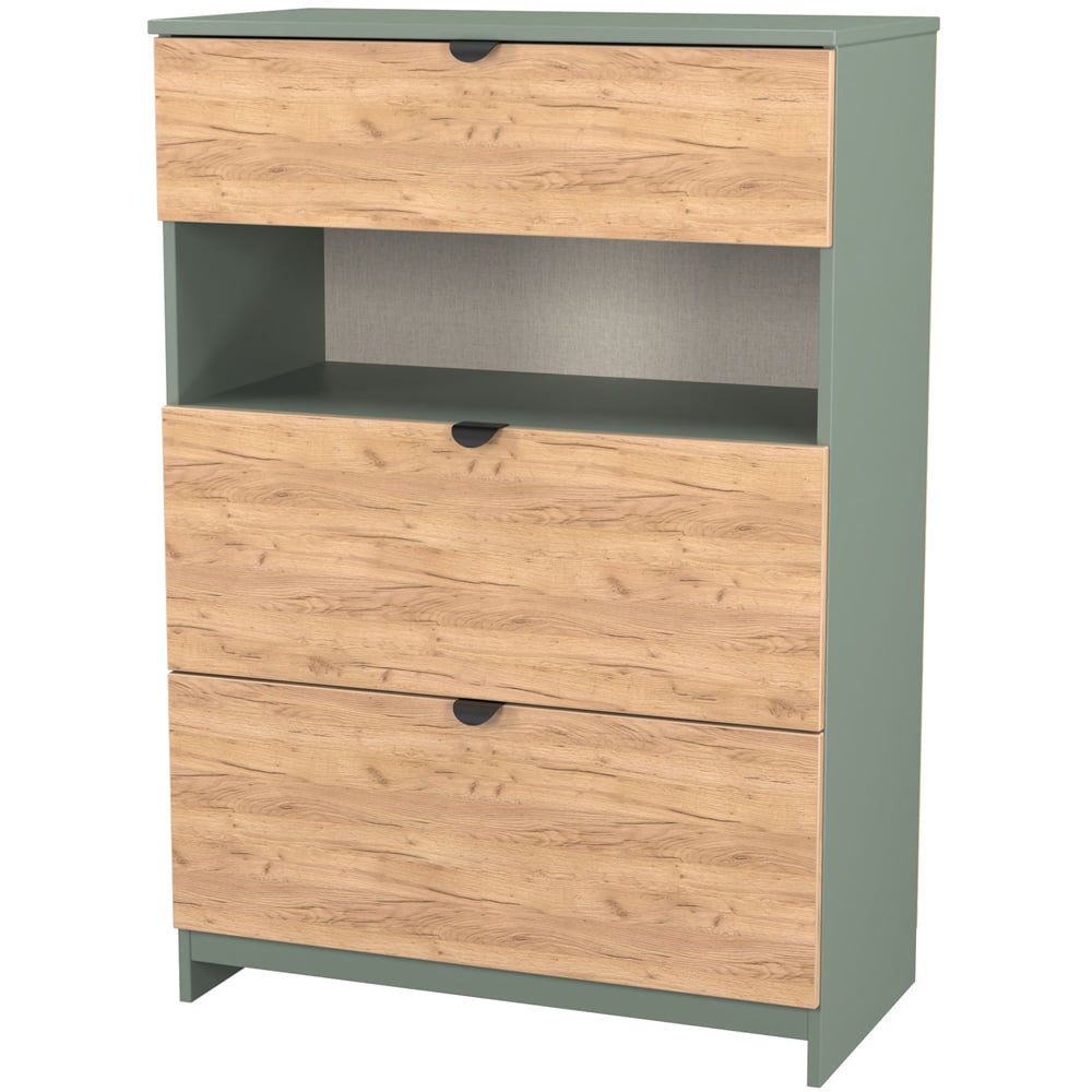 Crowndale Bora 3 Drawer Single Shelf Gold Oak and Reed Green Storage Unit Image 4