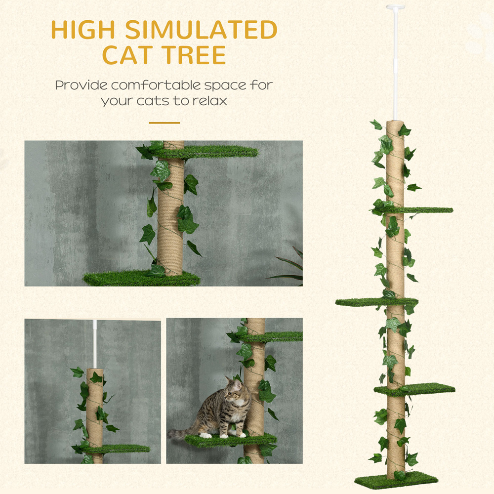 PawHut 242cm Green Adjustable Floor-To-Ceiling Cat Tower Image 4
