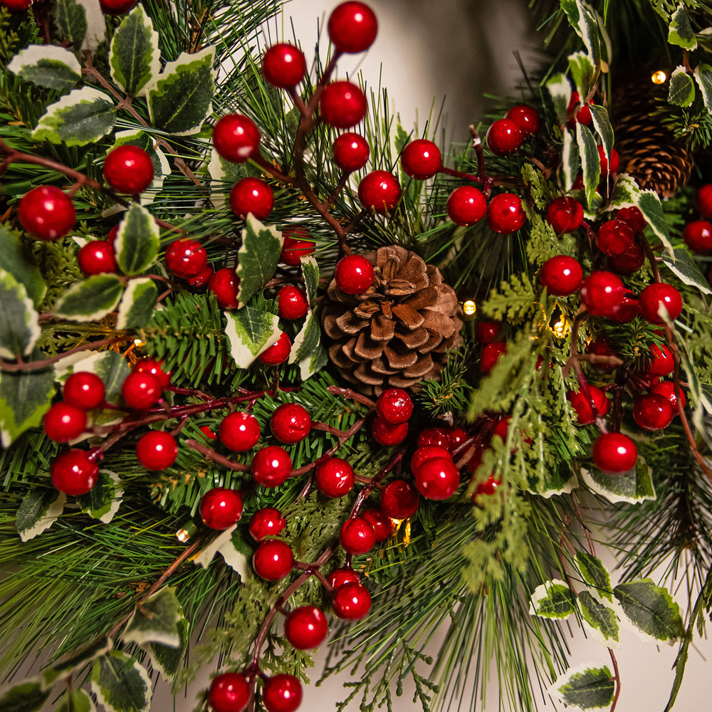 The Christmas Centre 50 Warm White LED Pre-Lit Holly berry Wreath with Red Berries and Pinecones 66cm Image 4