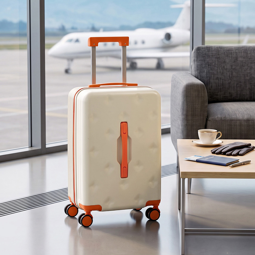 H&O Direct Orange and White ABS Hard Shell Suitcase with Cup Holder USB Port and Stickers 20 inch Image 2