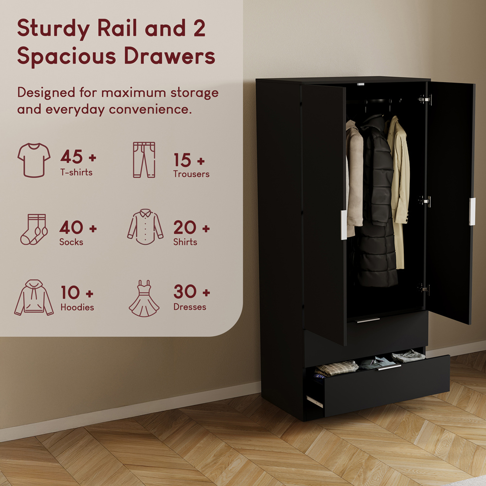 VIDA DESIGNS Trega 2 Drawer 2 Door Black Wardrobe Image 6