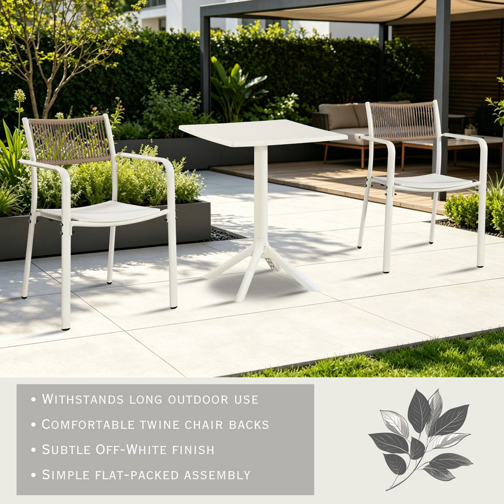 Core Products 2 Seater White Rope Back Effect Square Plastic Table Garden Bistro Set Image 7