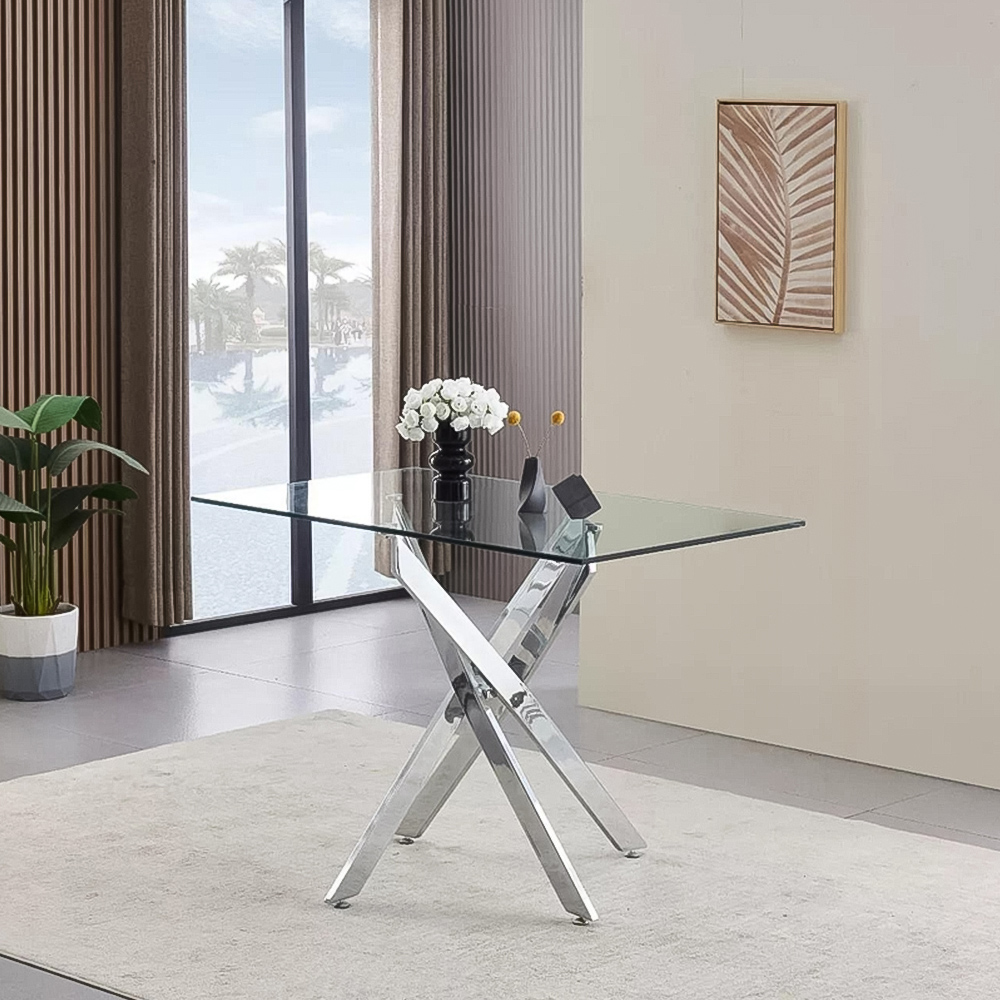 Kosy Koala 4 Seater Glass and Leather Rectangle Dining Table Set Chrome and White Image 2