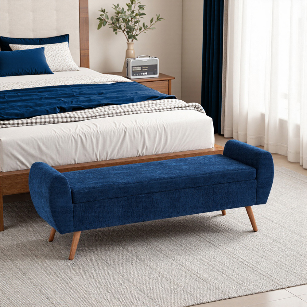 Living and Home Blue Chenille Upholstered Storage Bench Image 7