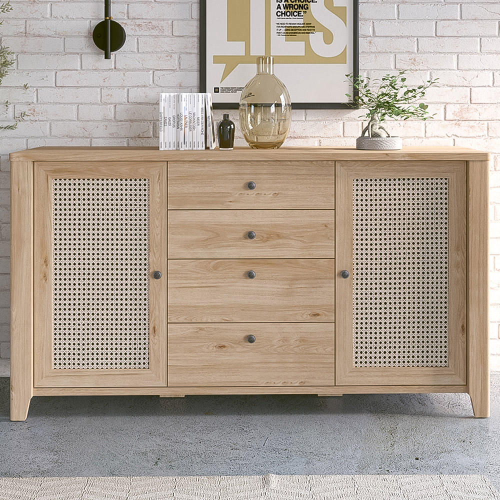 Florence Cestino 2 Door 4 Drawer Oak and Rattan Effect Sideboard Image 1