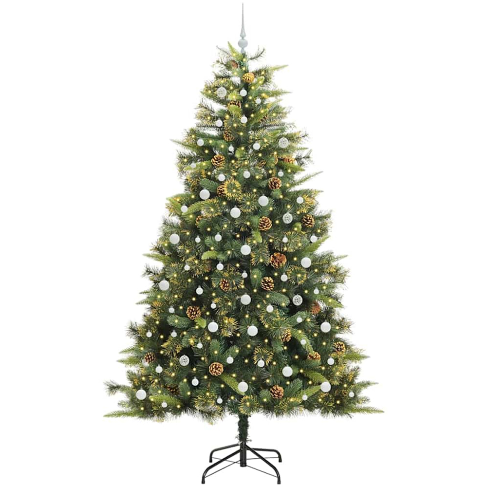 vidaXL Pre-Lit White Baubles and Pinecones Green Artificial Christmas Tree 8ft Image 1