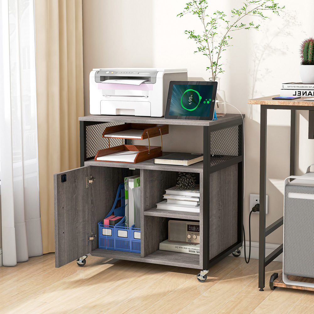 Costway Single Drawer 3 Shelf Grey File Cabinet with Charging Station Image 4