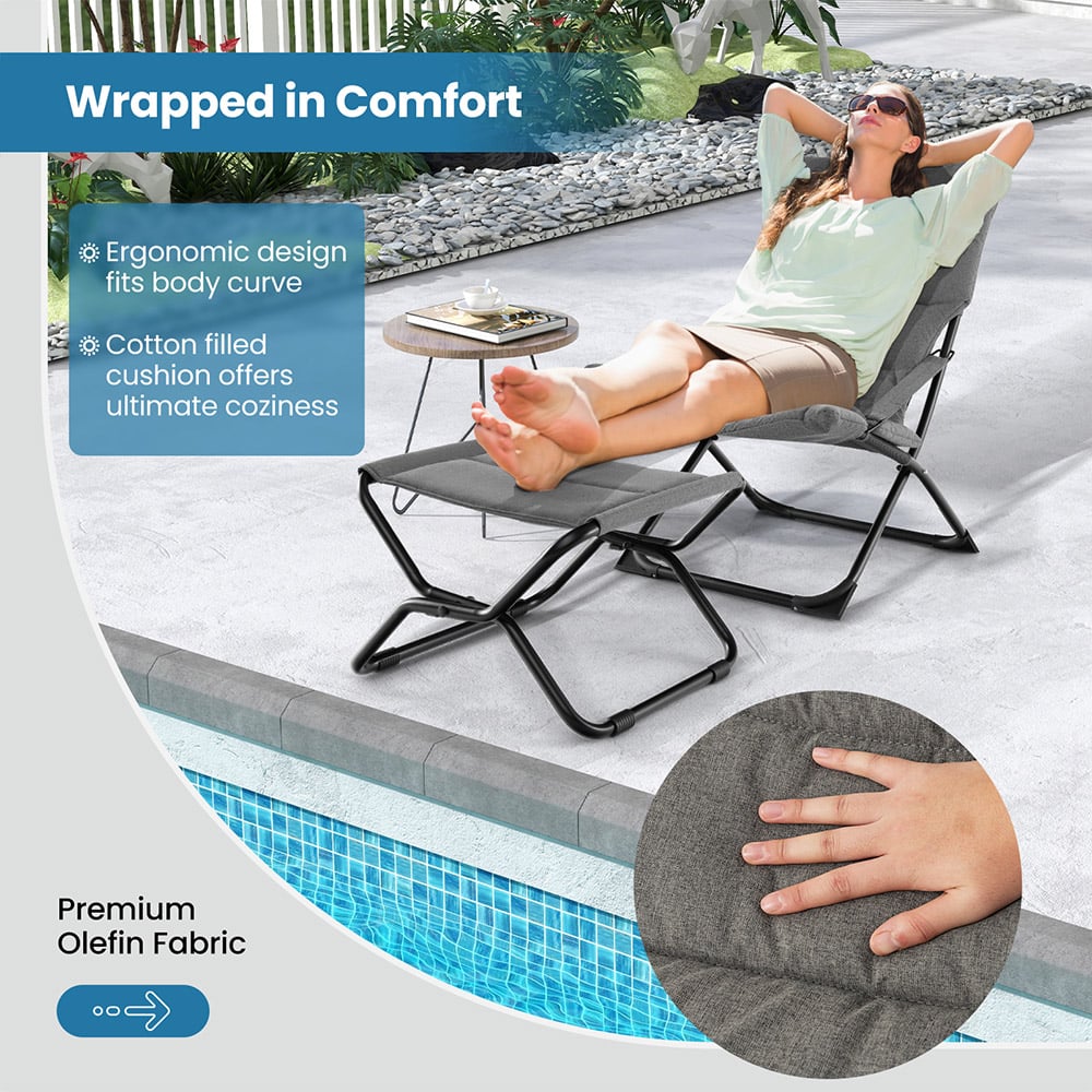 Costway Grey Folding Accent Sling Chair with Footrest Image 7