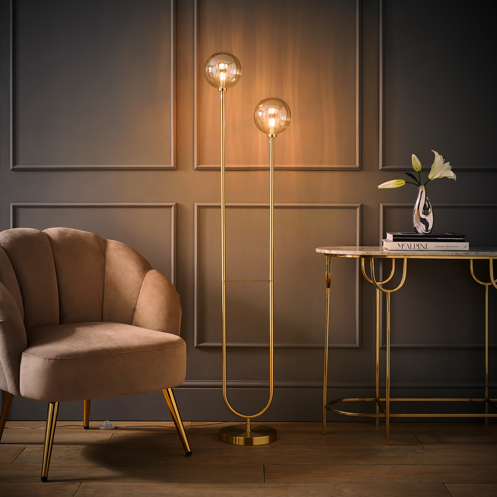 ValueLights Chessy 2 Way Ribbed Glass Gold Stem LED Floor Lamp Image 6