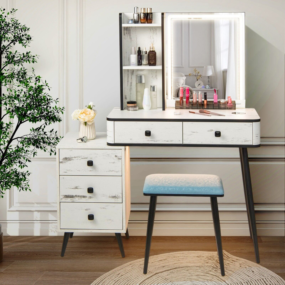 Costway 5 Drawer White Vanity Dressing Table Set with LED Mirror and Charging Station Image 3