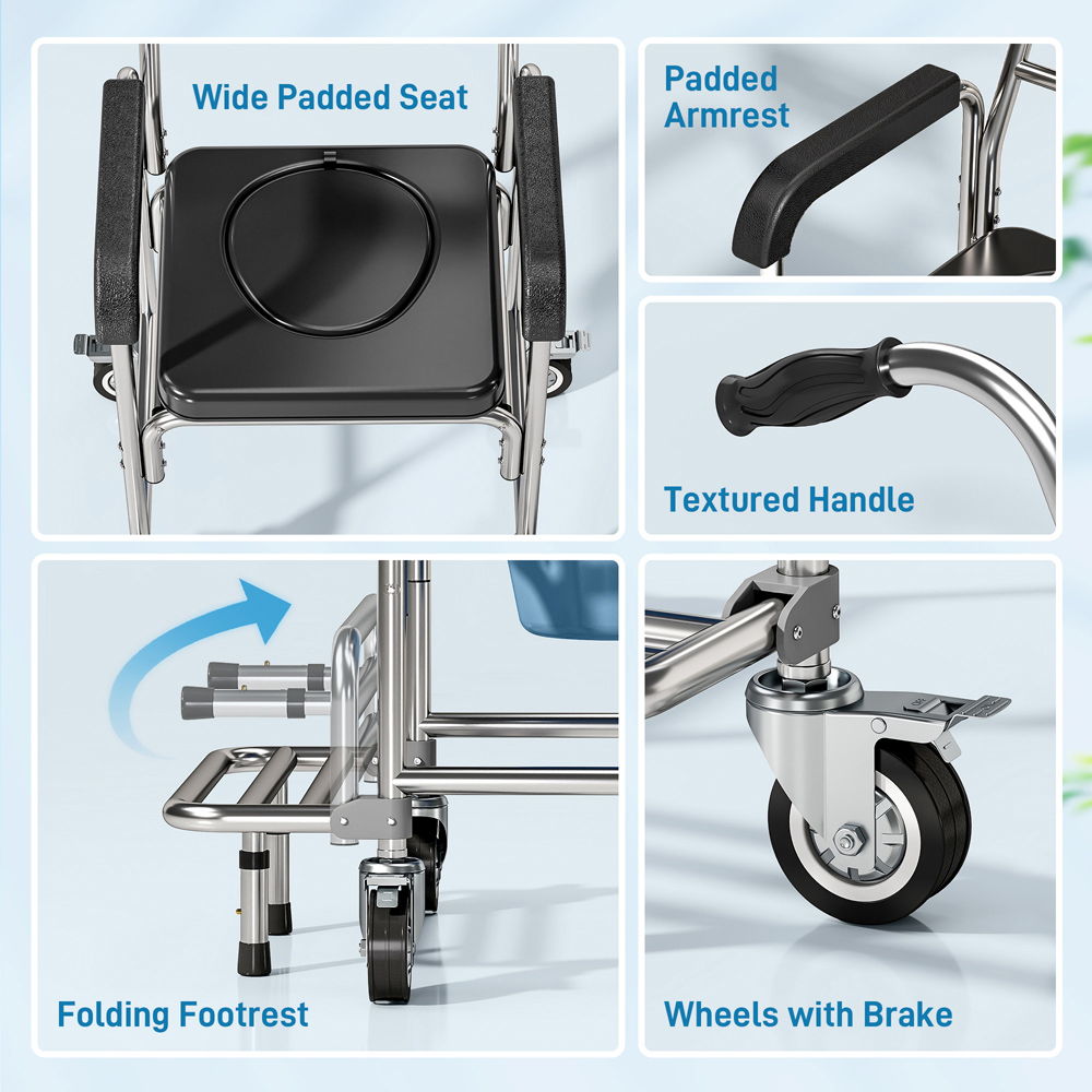 HOMCOM Black Transport Beside Shower Chair with Wheels and Padded Seat Image 5