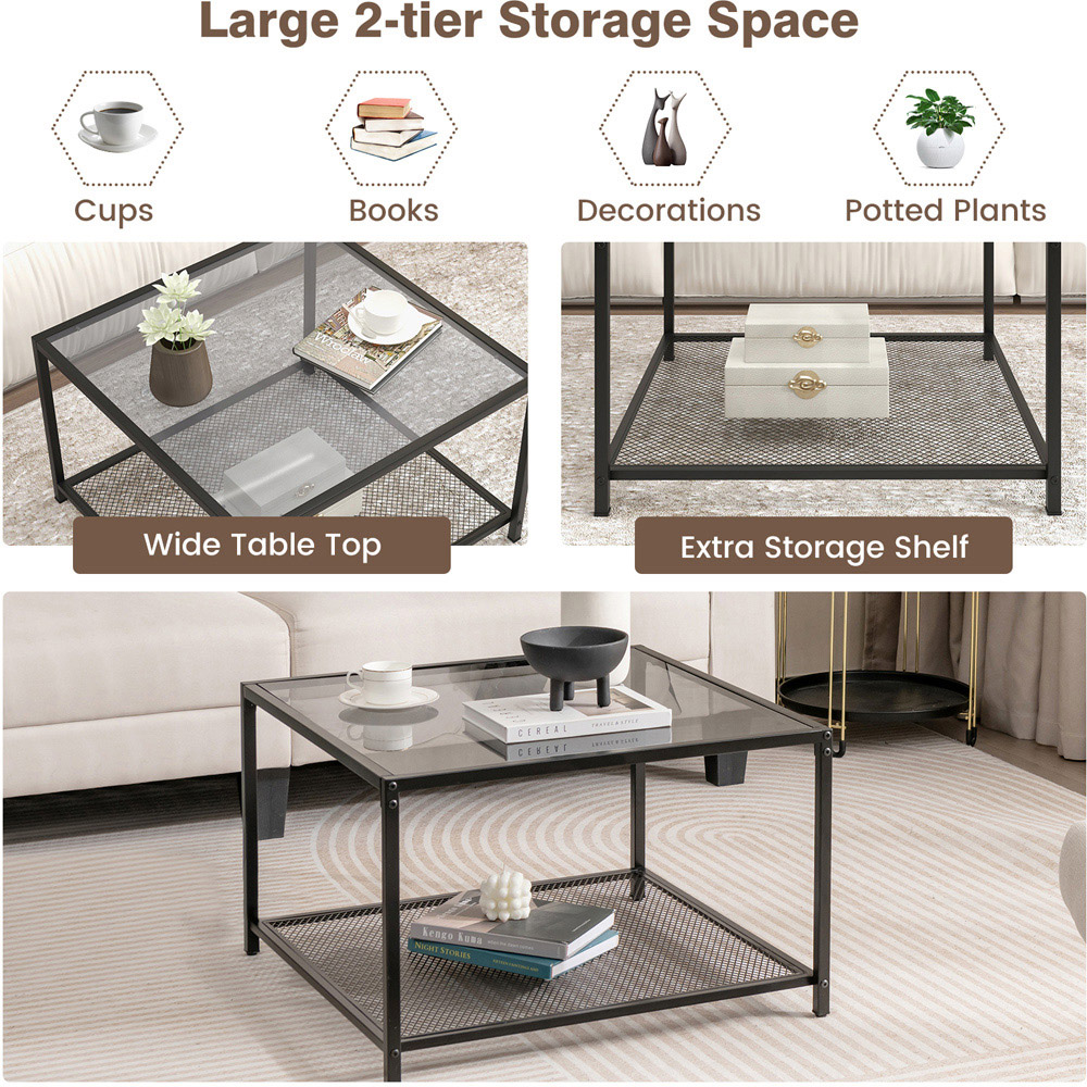 Costway 2 Tier Grey Square Glass Coffee Table Image 6