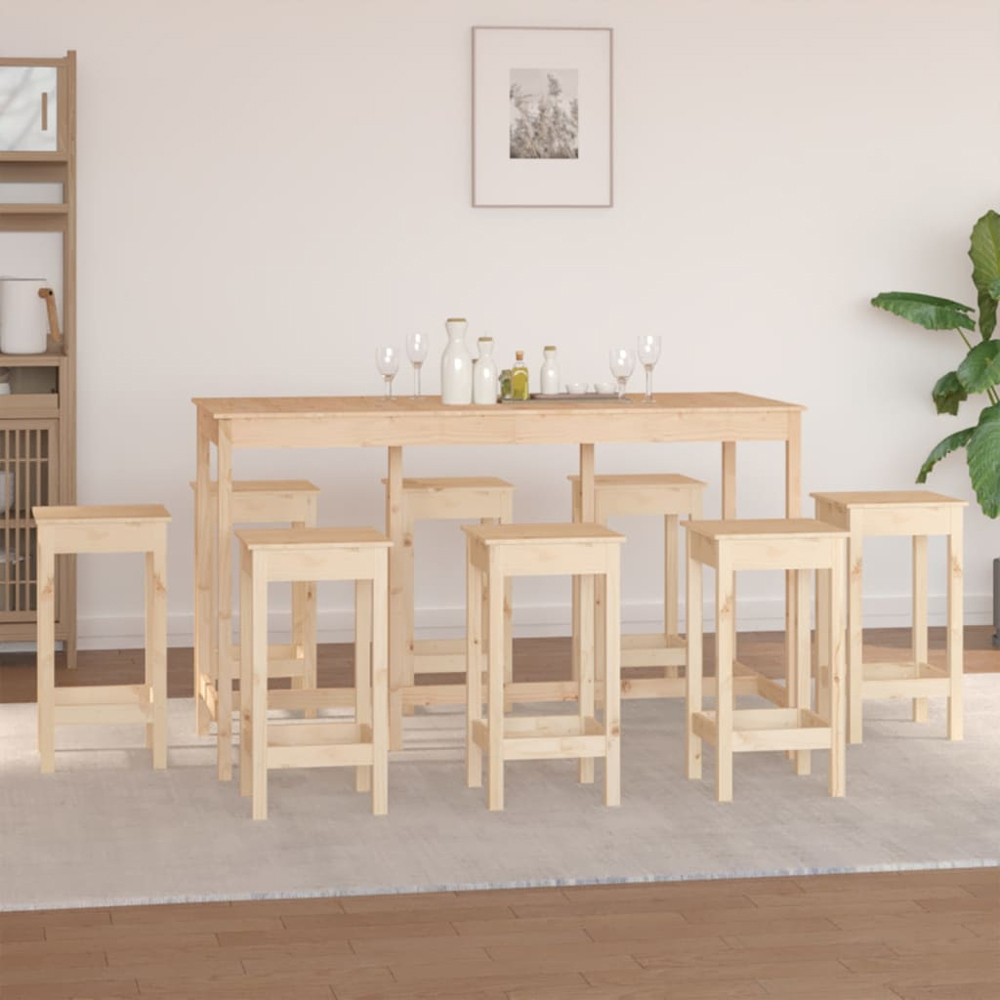 vidaXL 8 Seater Natural Solid Pine Wood Bar Table Set Image 1