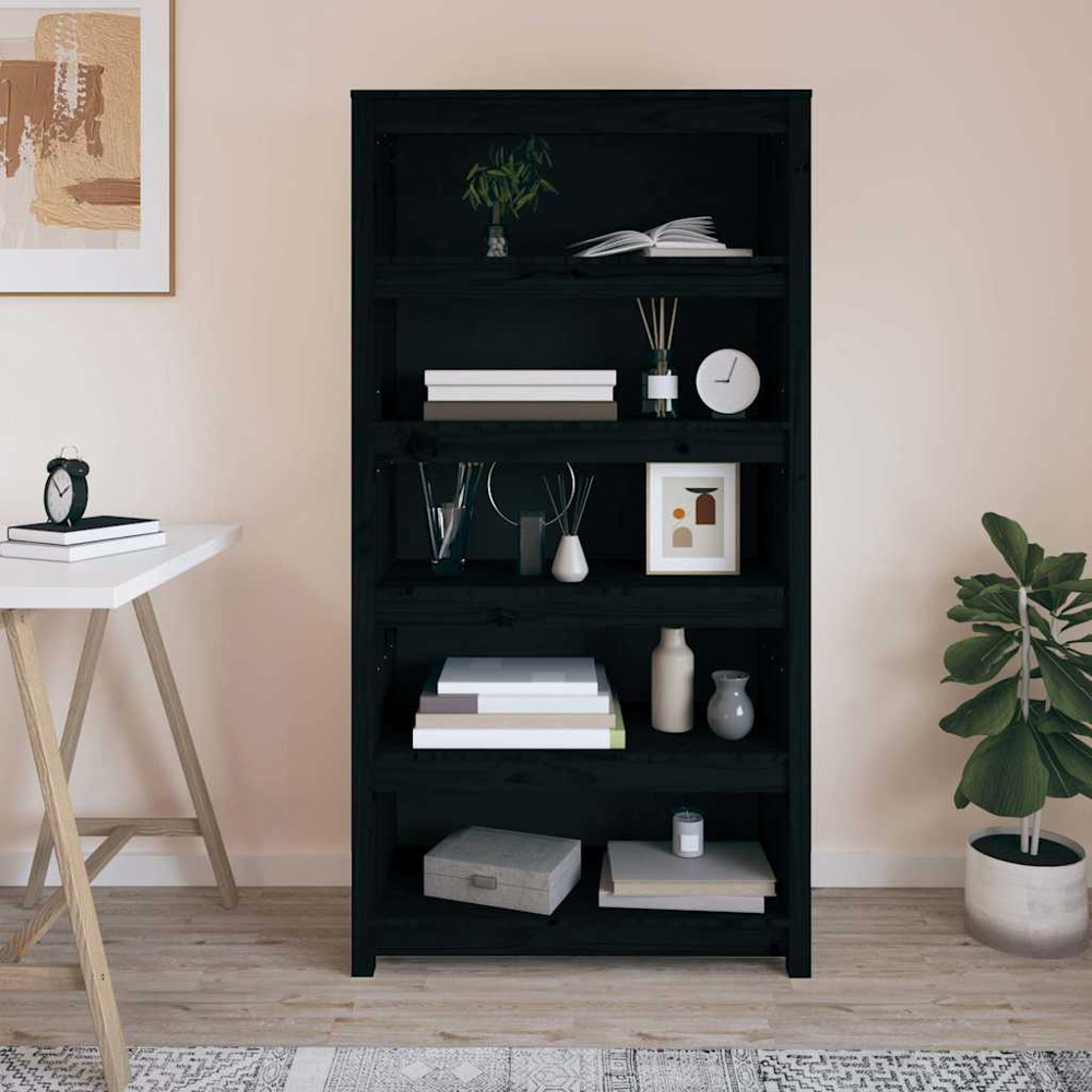 vidaXL 5 Shelf Black Solid Pine Wood Bookcase Image 7
