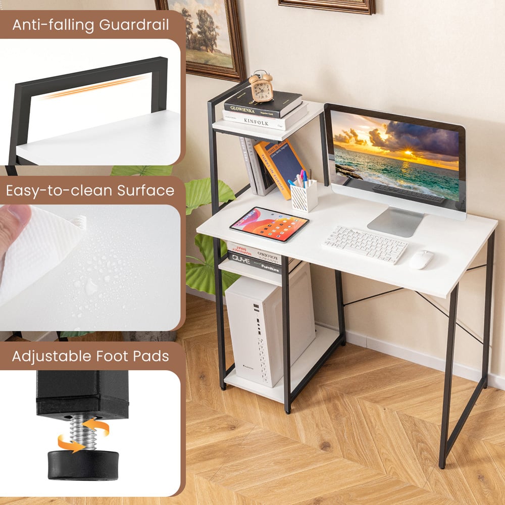 Costway Computer Desk with Bookshelf and Host Stand White Image 6