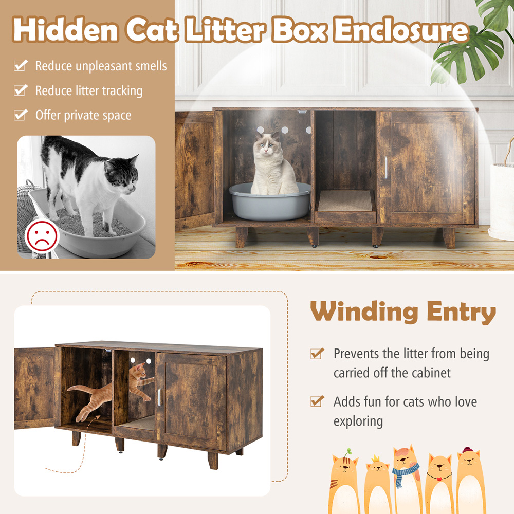 Costway Rustic Brown Cat Litter Box Enclosure with Scratching Board Image 6