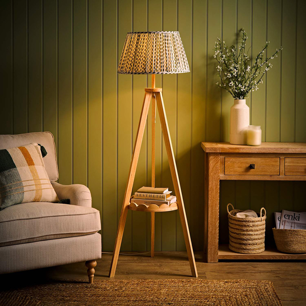 ValueLights Morrigan Green Floral Pleated Shade Scallop Tripod LED Floor Lamp with Bulb Image 2