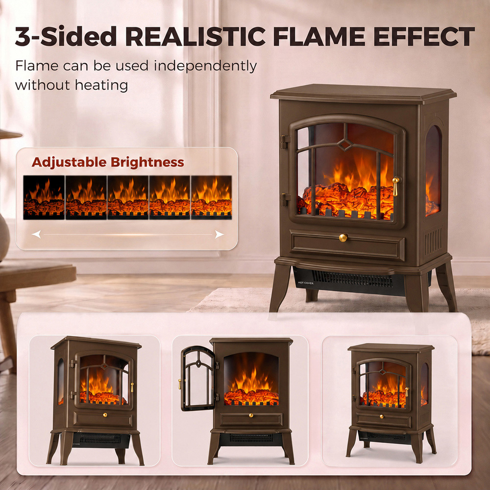 HOMCOM 3-Sided Brown Electric Fireplace Stove with Realistic Log Flame Effect Image 4