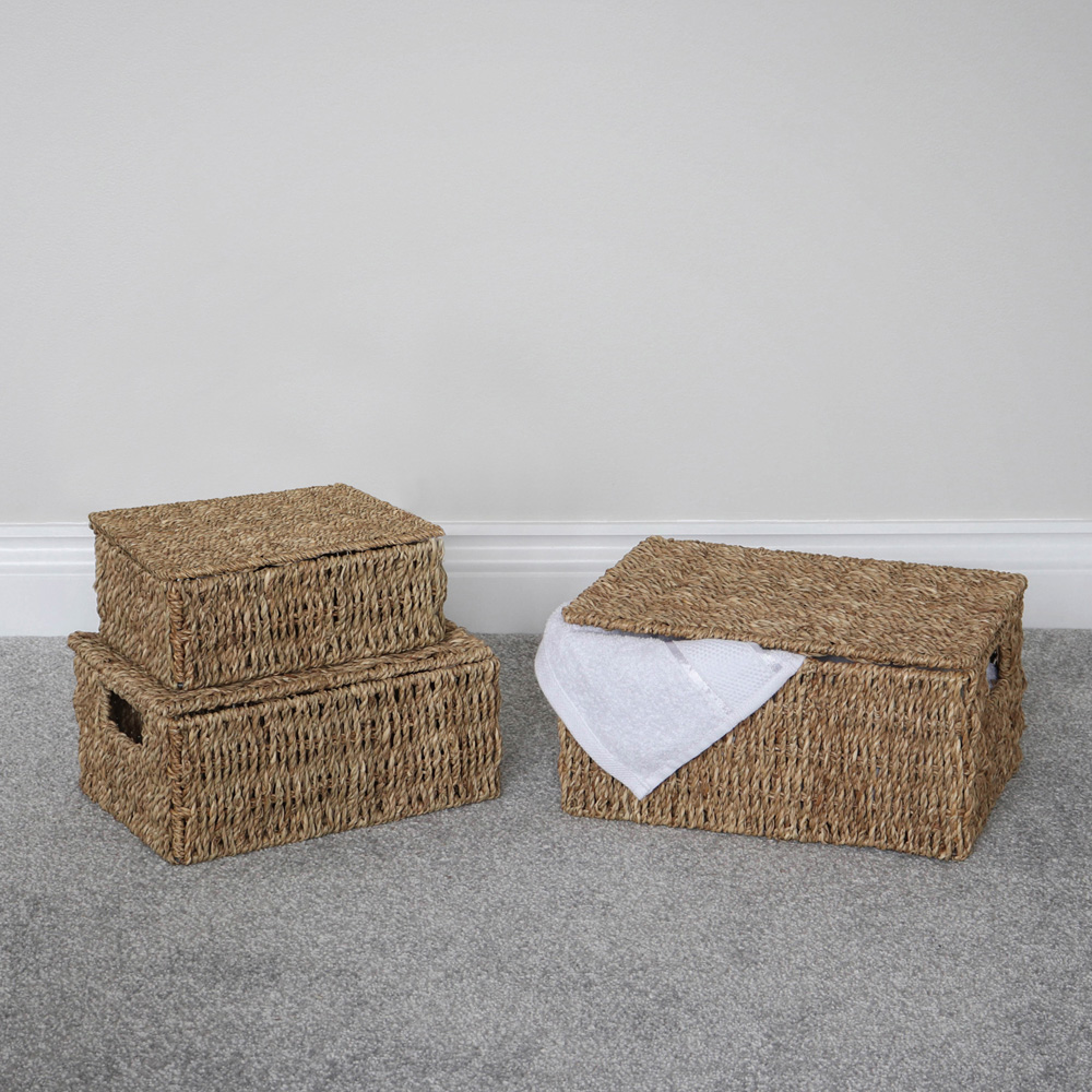 JVL Seagrass Rectangular Storage Basket with Lid 3 Pack Image 2