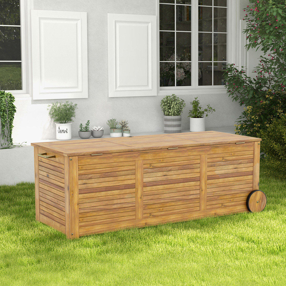Costway 180L Acacia Wood Outdoor Storage Box with 2 Wheels Image 2
