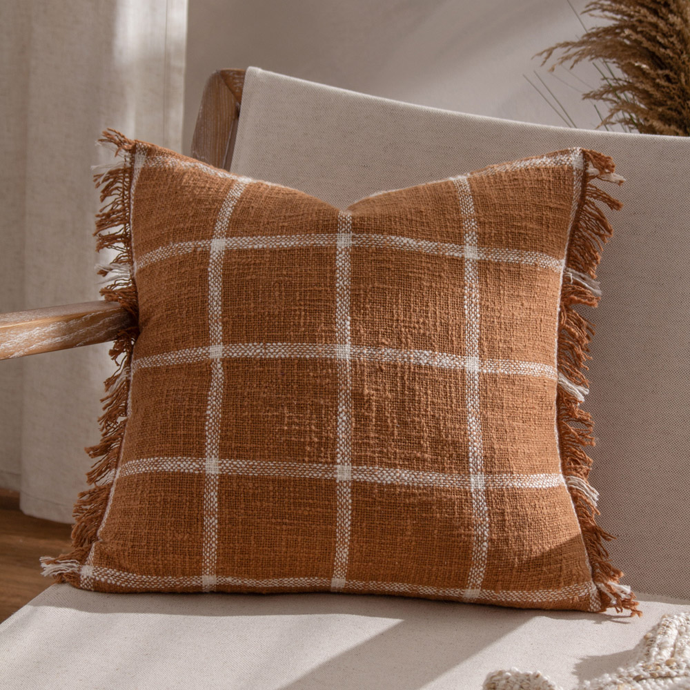 Yard Beni Ginger and Natural Check Fringed Cushion Image 2
