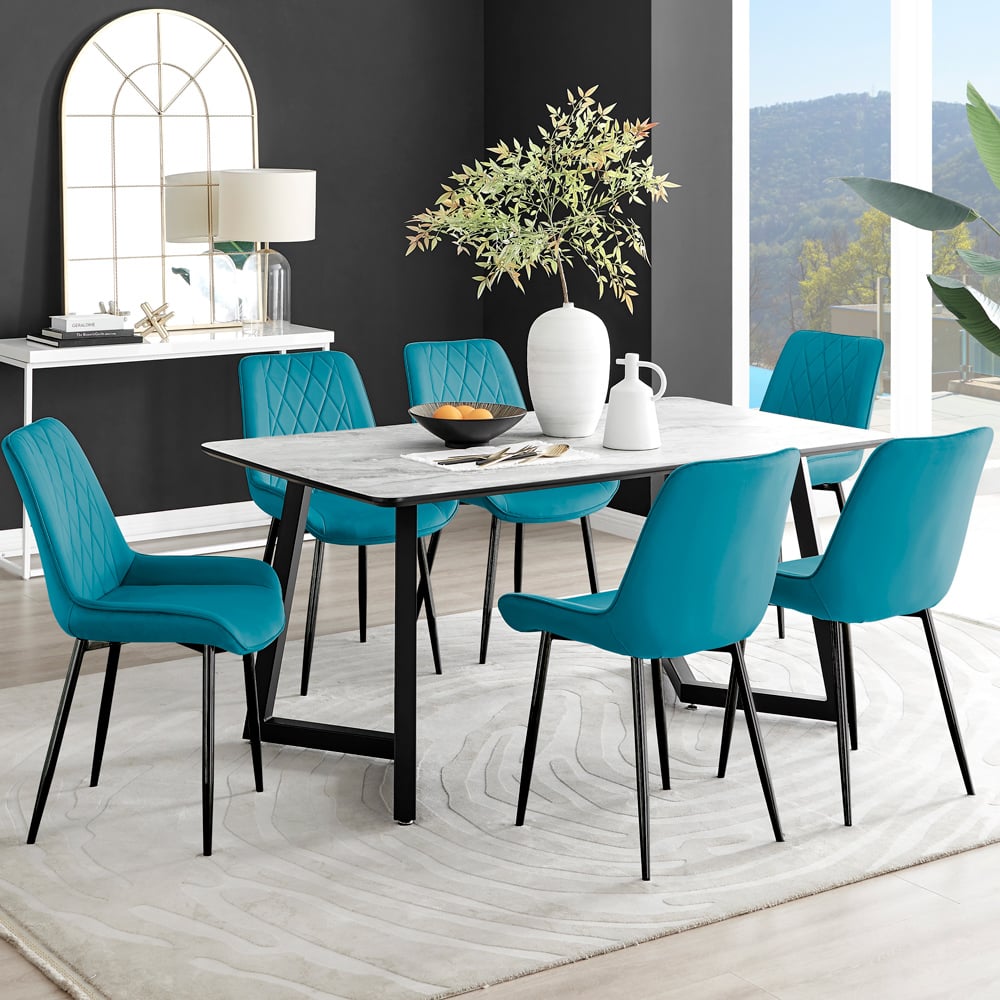 Furniturebox Copeland Cesano Marble Effect 6 Seater Dining Set White Blue and Black Image 1