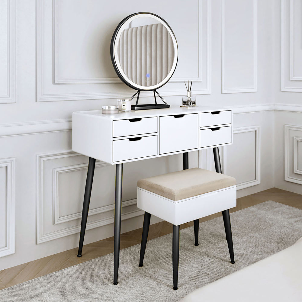 CARME Home Gabriella 5 Drawer White and Black Dressing Table Set with LED Mirror Image 1