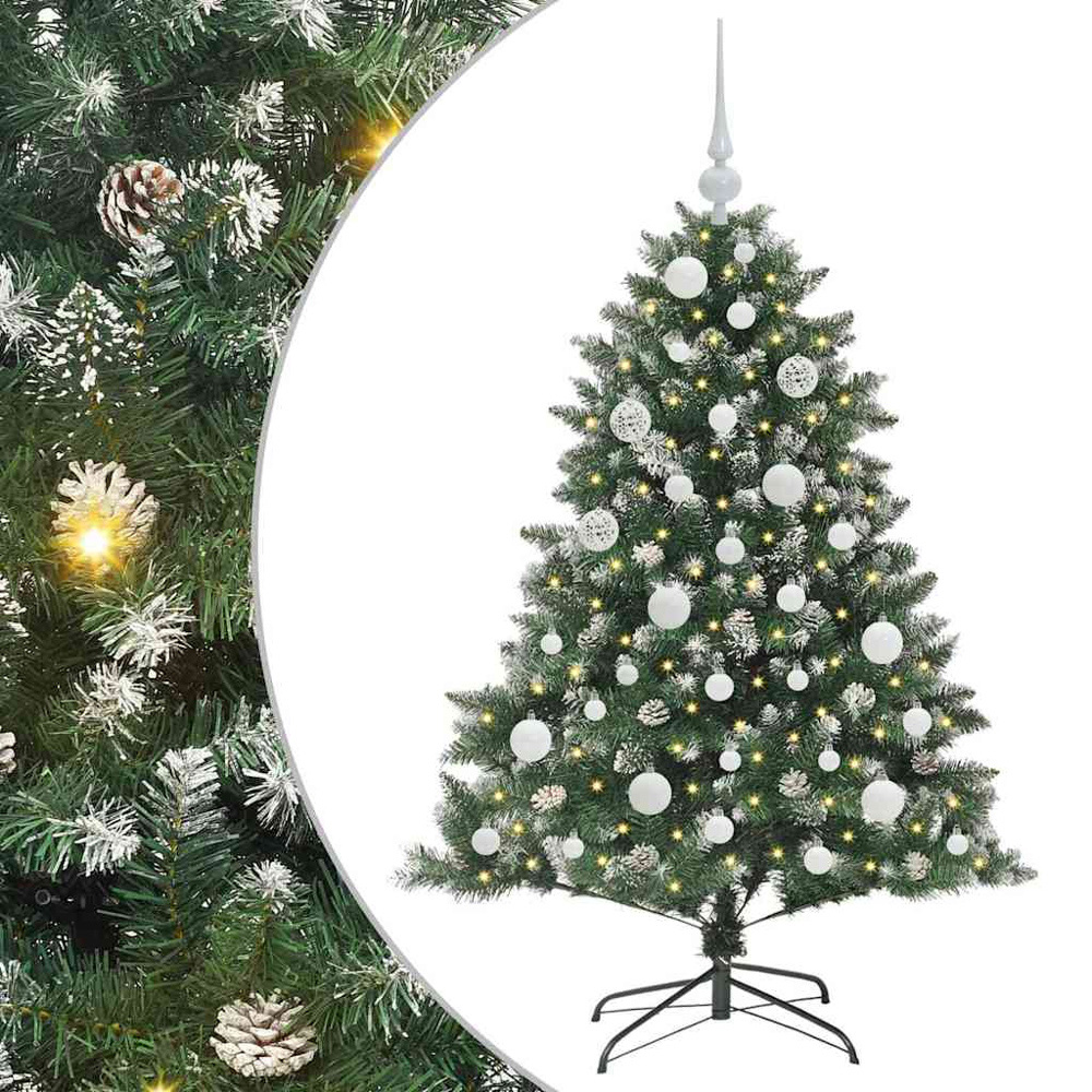 vidaXL Pre-Lit White Bauble Pinecones Green Snow Flocked Artificial Christmas Tree 4ft Image 6