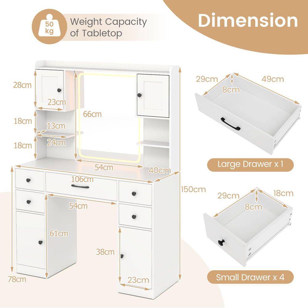 Costway White 5 Drawer 2 Door Makeup Table with LED Mirror Image 9