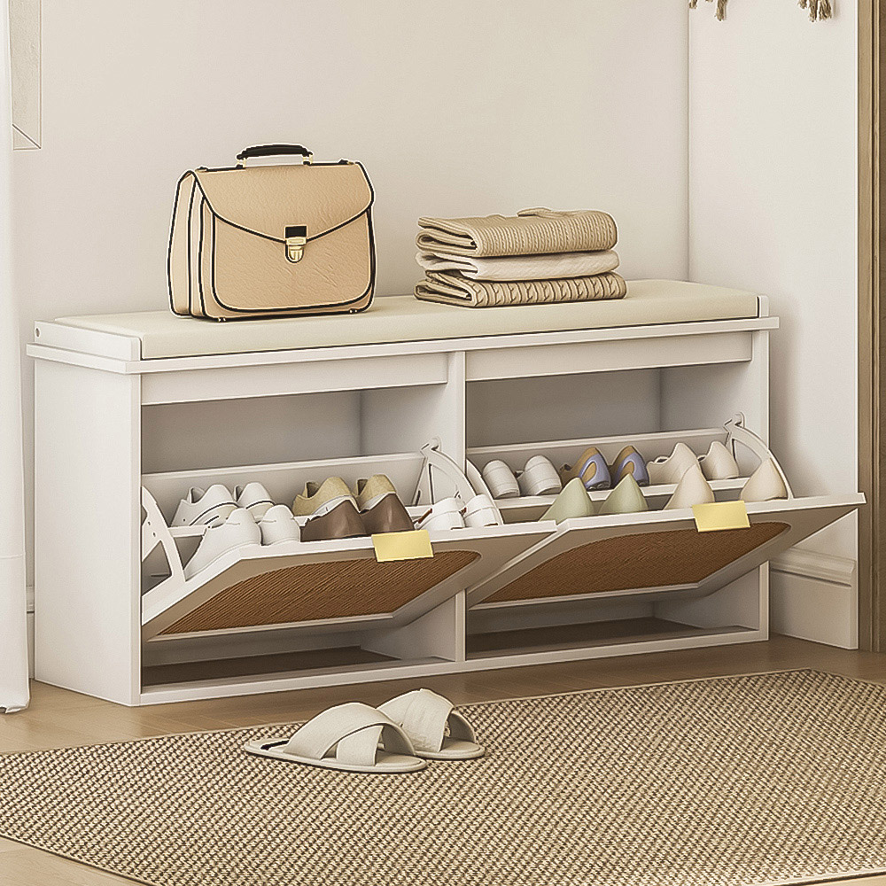 HOMCOM 2 Drawer White Boho Shoe Storage Bench Image 1