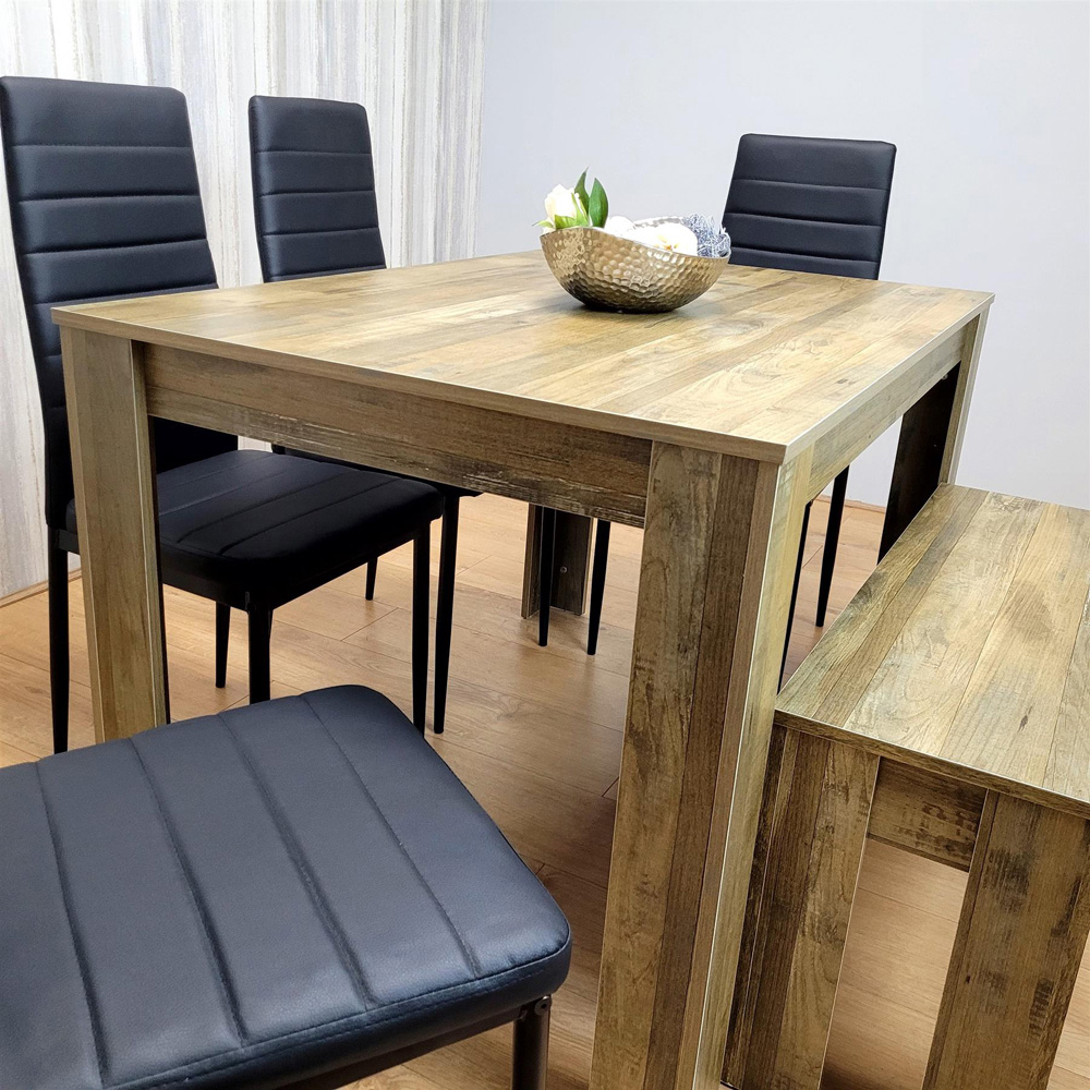 Portland 6 Seater Dining Set Rustic Effect and Black Leather with Bench Image 5