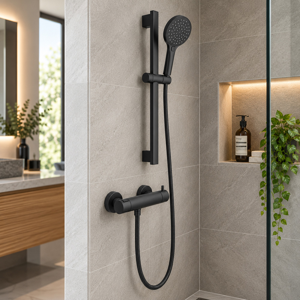 Go Bathrooms PureFlow Black Round Thermostatic Bar Shower Kit Image 4