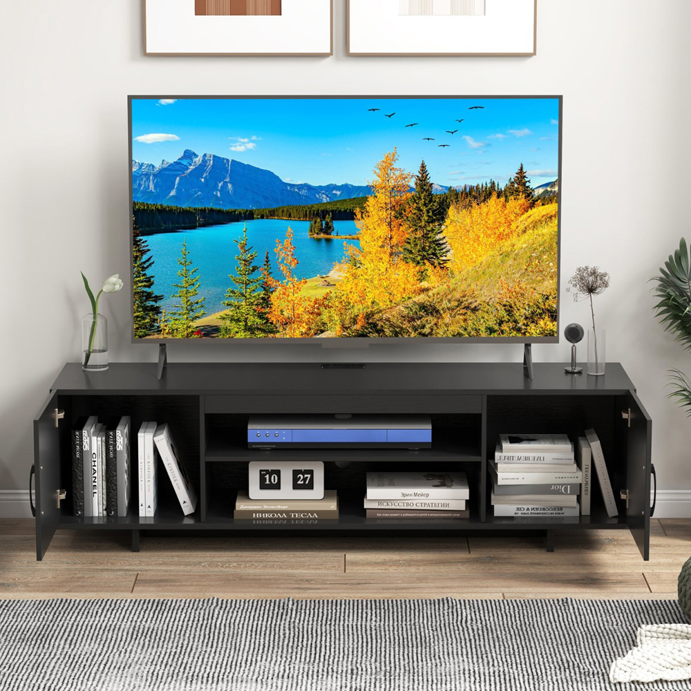Costway 2 Door 2 Shelf Black TV Stand with Cable Holes and Power Outlet Image 4
