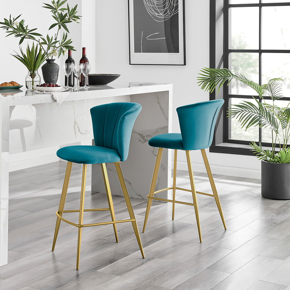 Furniturebox Hazel Blue and Gold Velvet Bar Stool Set of 2 Image 2